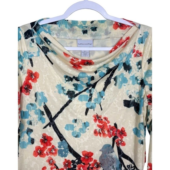 Soft Surrounding Floral Bird Print Burnout Cowl Neck Blouse | Small - Picture 2 of 6